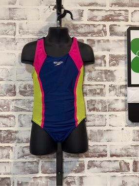 Speedo Girls Navy Blue, Hot Pink & Neon Yellow One-Piece Swimsuit XS 5/6